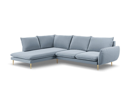 Vienna Corner Sofa, 6 Seats, 275x185 cm — Light Blue / Gold Metal / Left