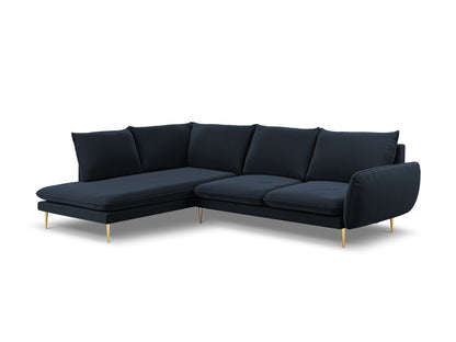 Vienna Corner Sofa, 6 Seats, 275x185 cm — Dark Blue / Gold Metal / Left