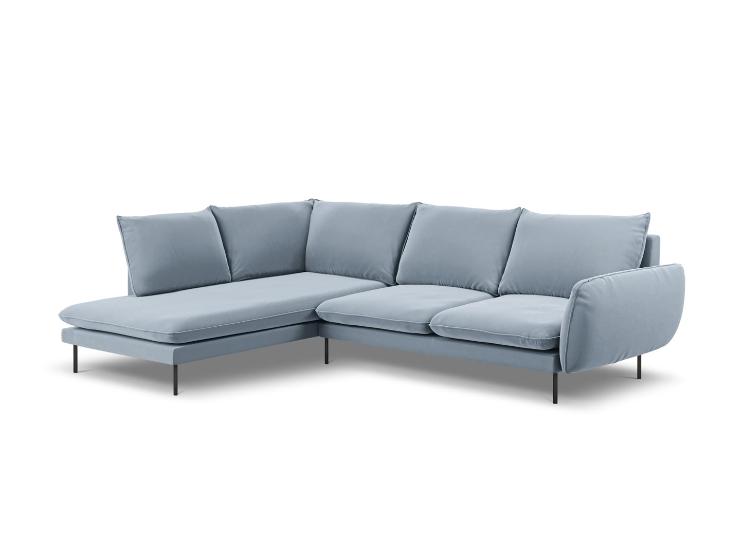 Vienna Corner Sofa, 6 Seats, 275x185 cm — Light Blue / Black Metal / Left