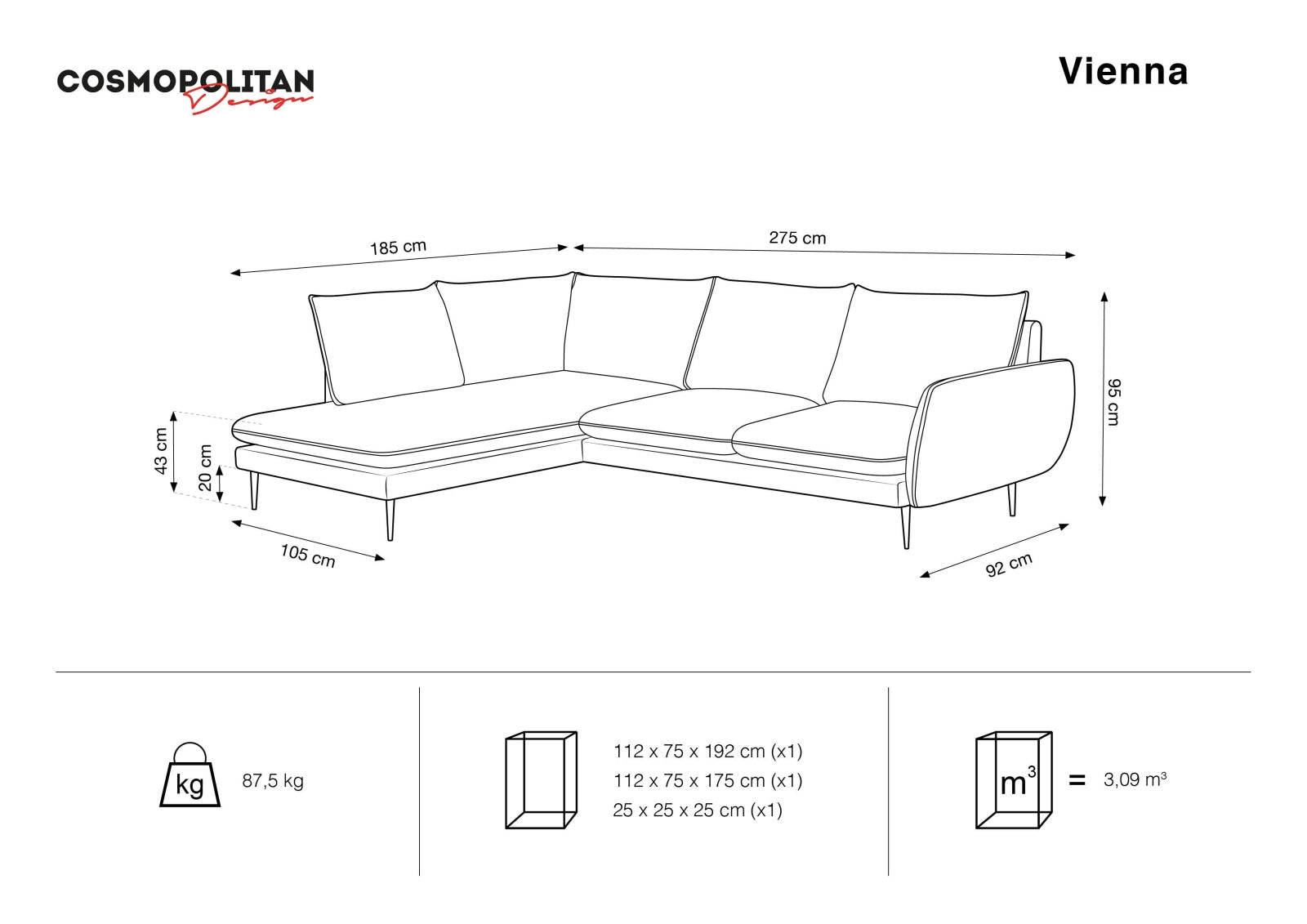 Vienna Corner Sofa, 6 Seats, 275x185 cm
