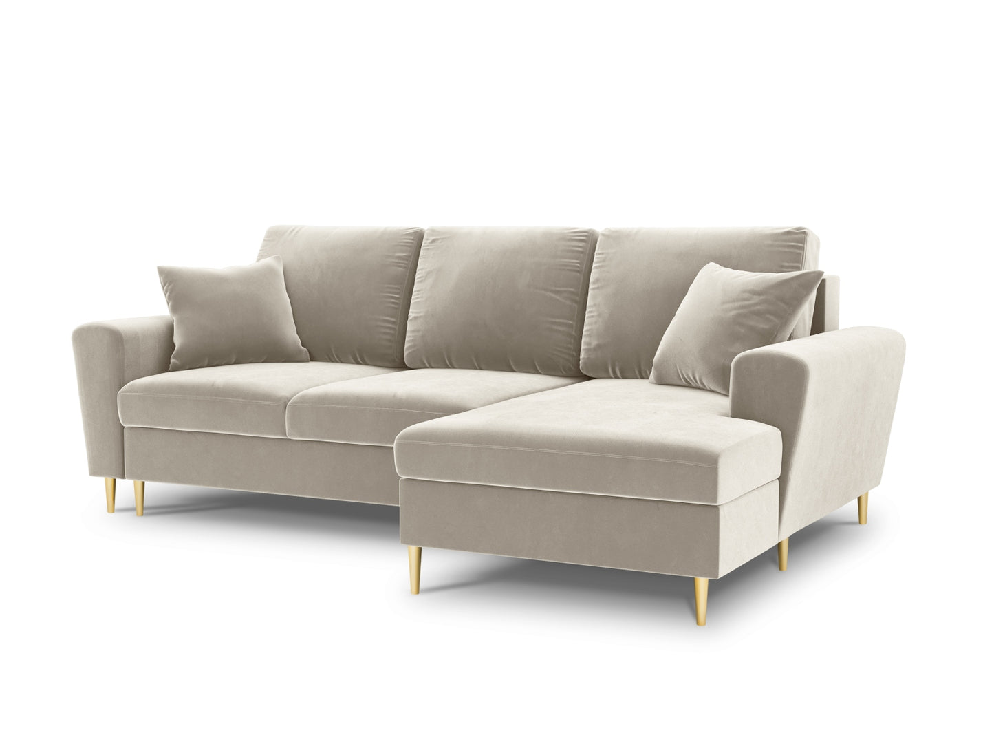Kyoto Corner Sofa With Bed Function And Box, 4 Seats, 241x145 cm — Light Beige / Gold Metal / Right