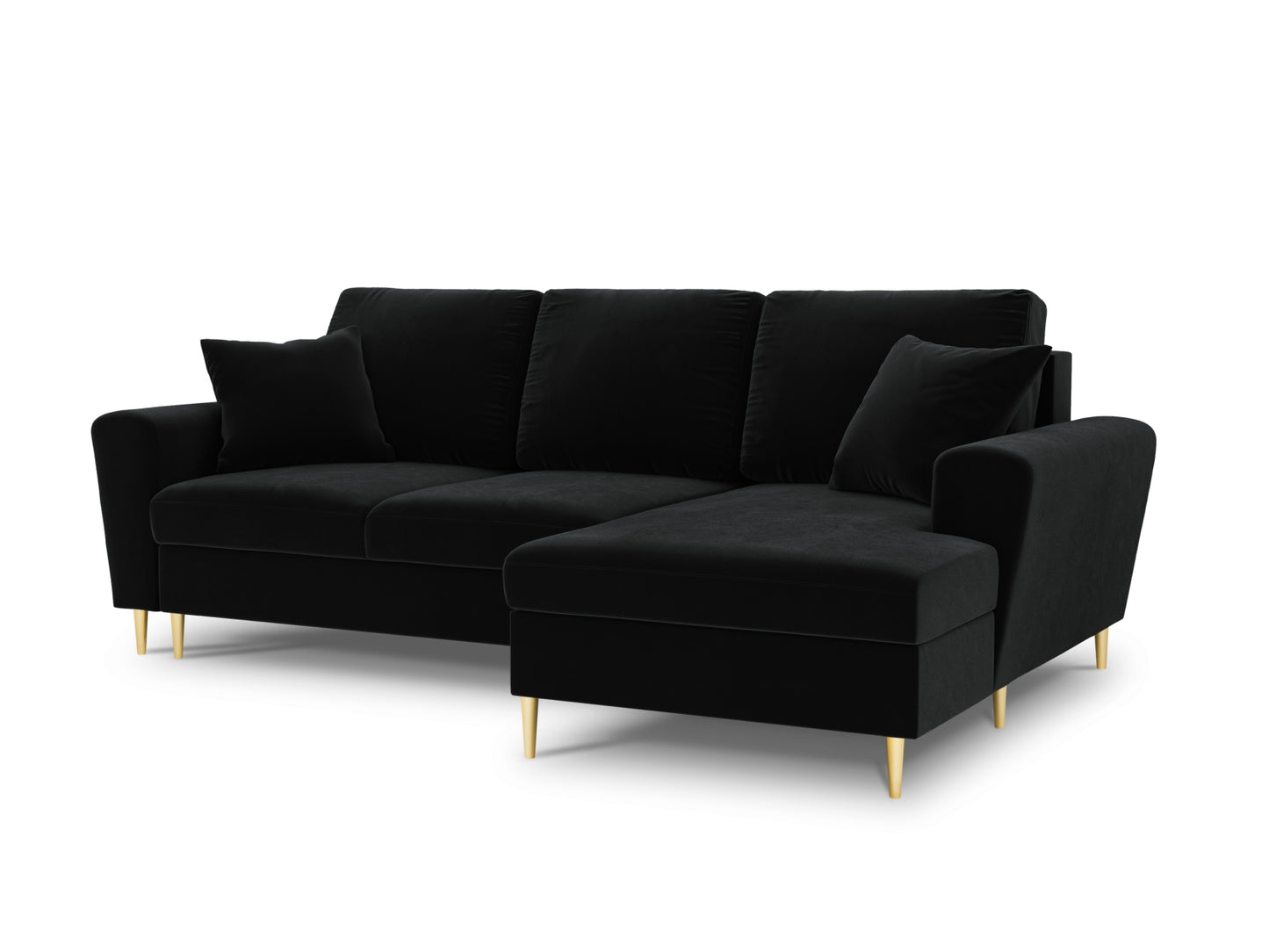 Kyoto Corner Sofa With Bed Function And Box, 4 Seats, 241x145 cm — Black / Gold Metal / Right