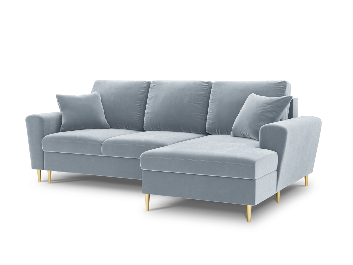 Kyoto Corner Sofa With Bed Function And Box, 4 Seats, 241x145 cm — Light Blue / Gold Metal / Right