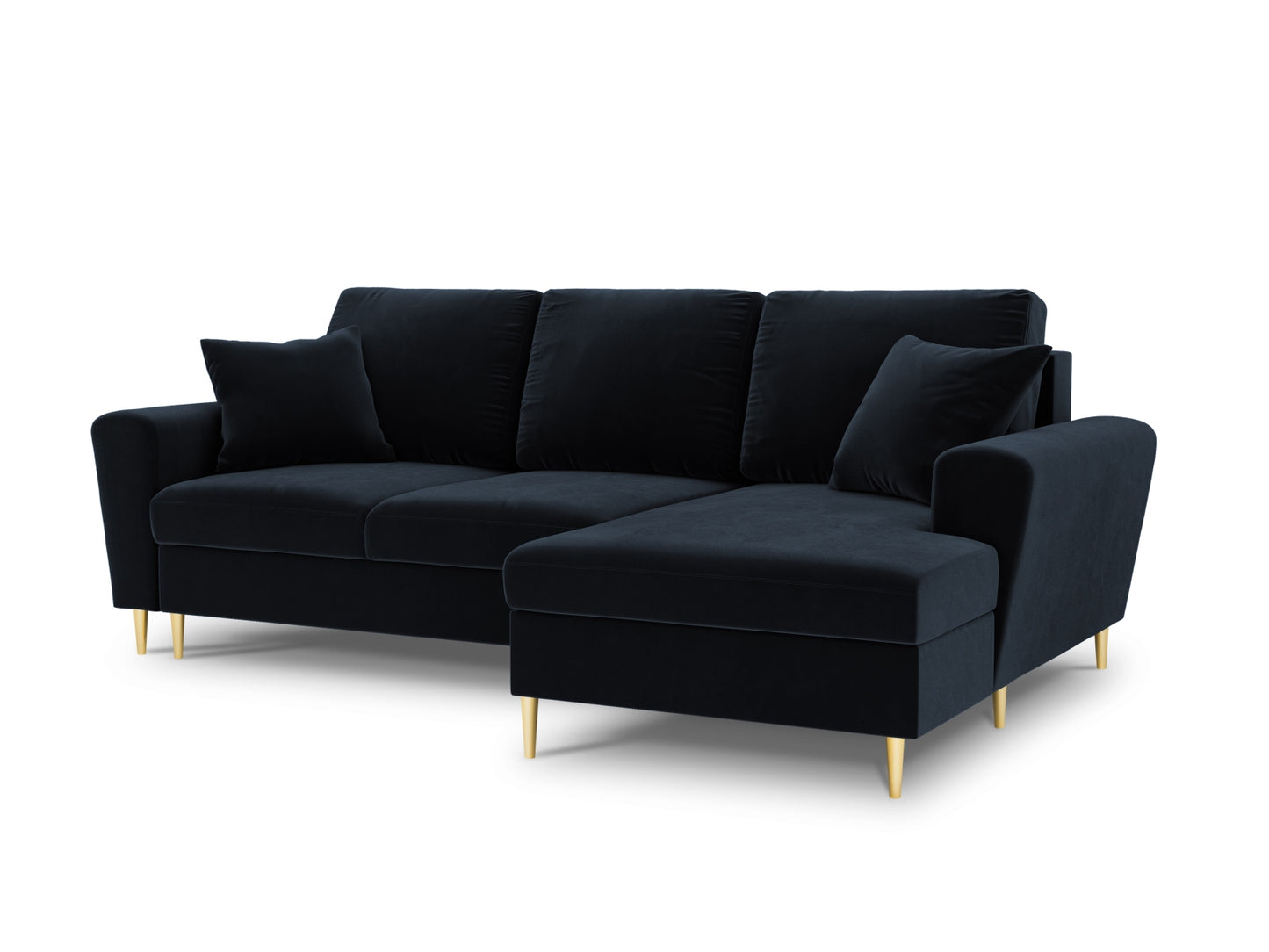 Kyoto Corner Sofa With Bed Function And Box, 4 Seats, 241x145 cm — Dark Blue / Gold Metal / Right