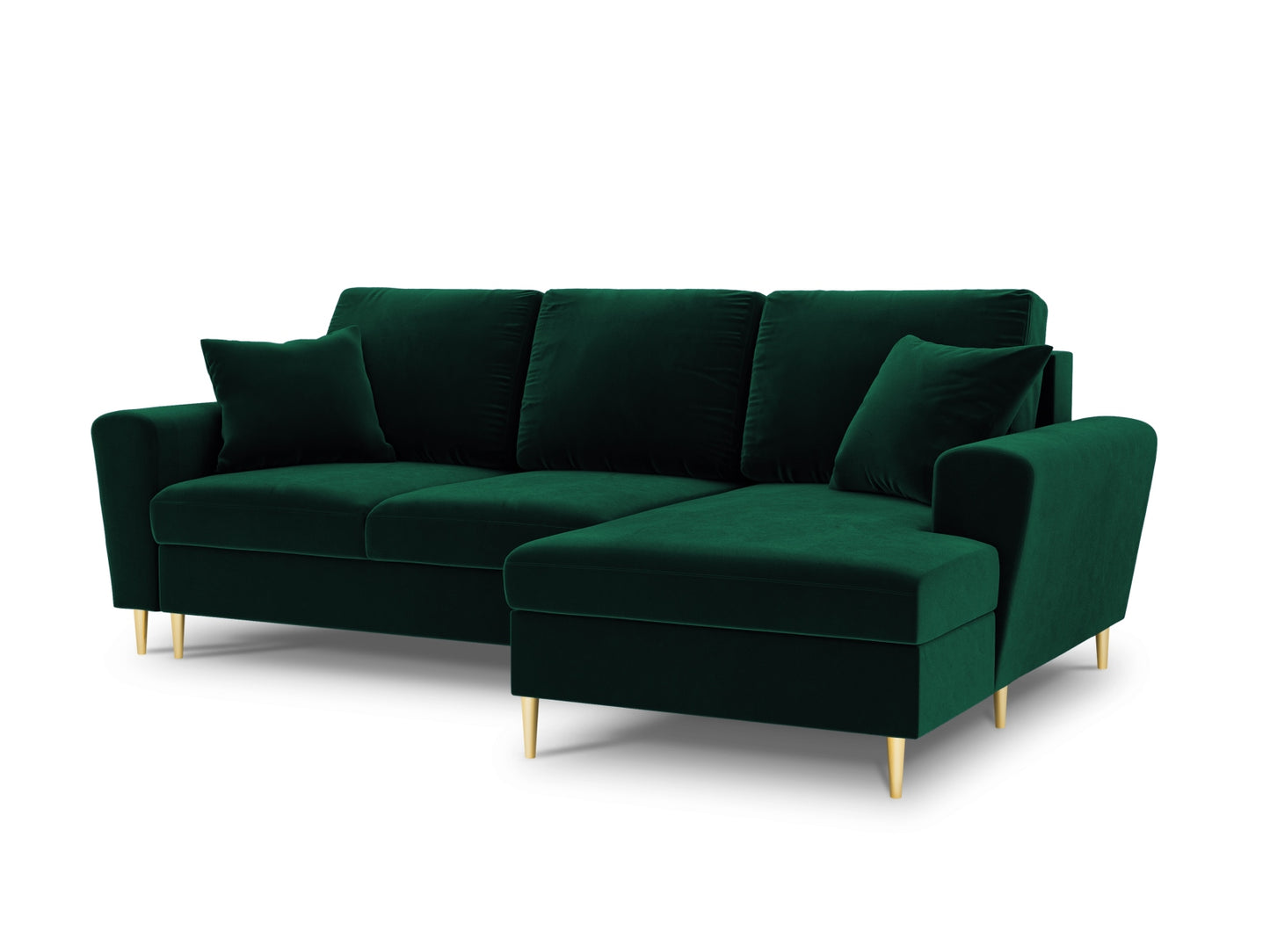 Kyoto Corner Sofa With Bed Function And Box, 4 Seats, 241x145 cm — Bottle Green / Gold Metal / Right