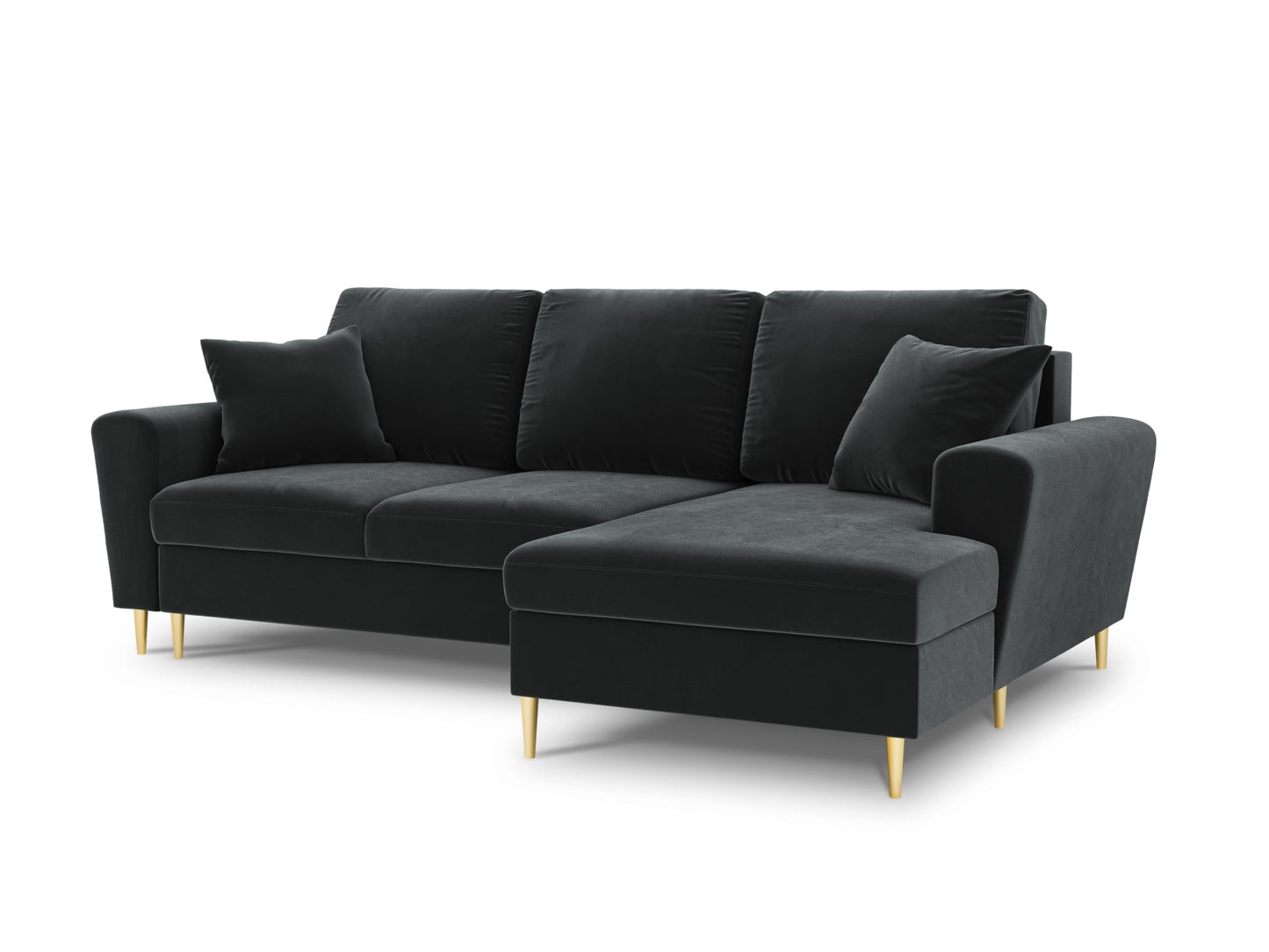 Kyoto Corner Sofa With Bed Function And Box, 4 Seats, 241x145 cm — Dark Grey / Gold Metal / Right