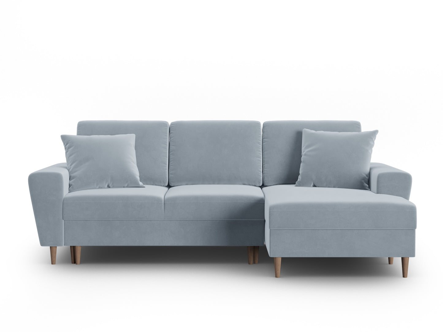 Kyoto Corner Sofa With Bed Function And Box, 4 Seats, 241x145 cm — Light Blue / Natural Beech Wood / Right