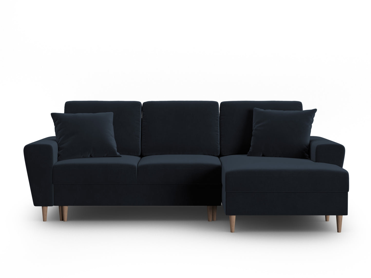 Kyoto Corner Sofa With Bed Function And Box, 4 Seats, 241x145 cm — Dark Blue / Natural Beech Wood / Right
