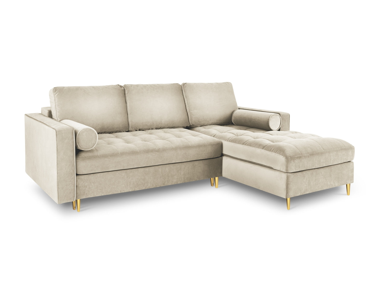 Aspen Corner Sofa With Bed Function And Box, 5 Seats, 240x175 cm — Dark Beige / Gold Metal / Right