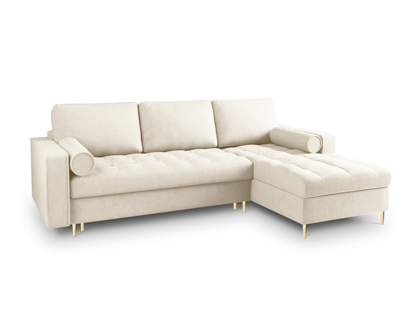 Aspen Corner Sofa With Bed Function And Box, 5 Seats, 240x175 cm — Light Beige / Gold Metal / Right