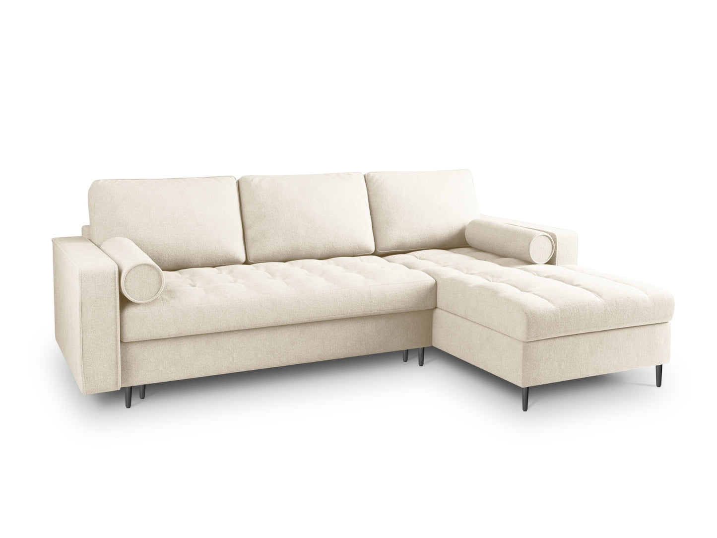 Aspen Corner Sofa With Bed Function And Box, 5 Seats, 240x175 cm — Light Beige / Black Chrome Metal / Right