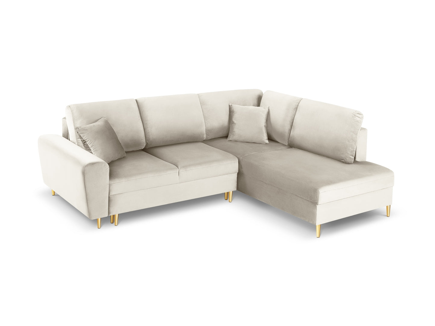 Kyoto Corner Sofa With Bed Function And Box, 5 Seats, 243x194 cm — Light Beige / Gold Metal / Right
