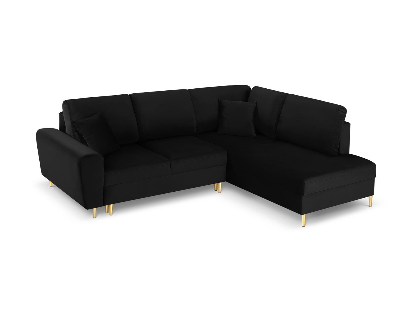 Kyoto Corner Sofa With Bed Function And Box, 5 Seats, 243x194 cm — Black / Gold Metal / Right