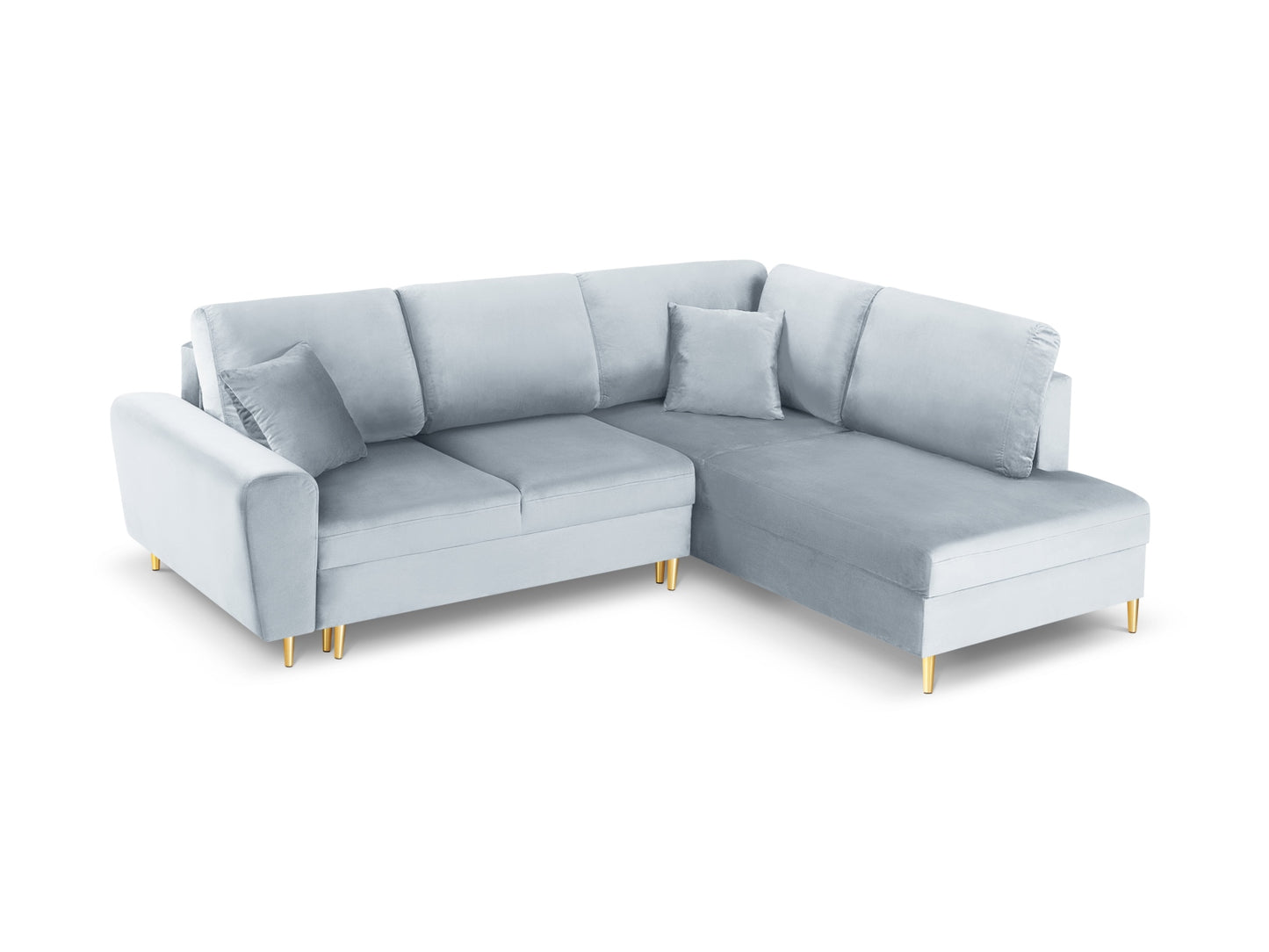 Kyoto Corner Sofa With Bed Function And Box, 5 Seats, 243x194 cm — Light Blue / Gold Metal / Right