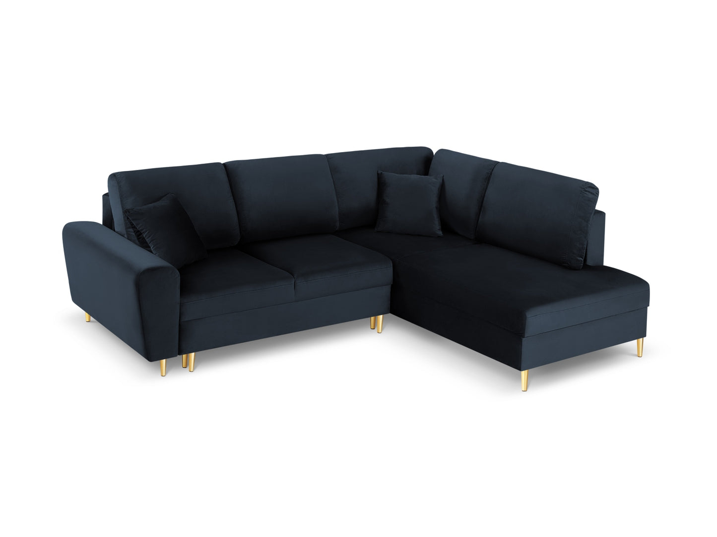 Kyoto Corner Sofa With Bed Function And Box, 5 Seats, 243x194 cm — Dark Blue / Gold Metal / Right
