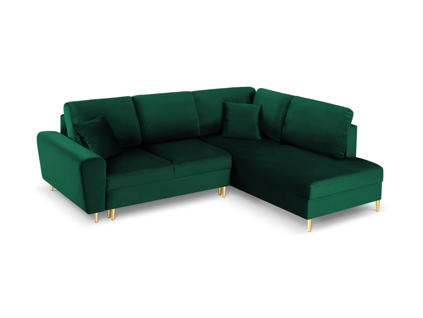Kyoto Corner Sofa With Bed Function And Box, 5 Seats, 243x194 cm — Bottle Green / Gold Metal / Right