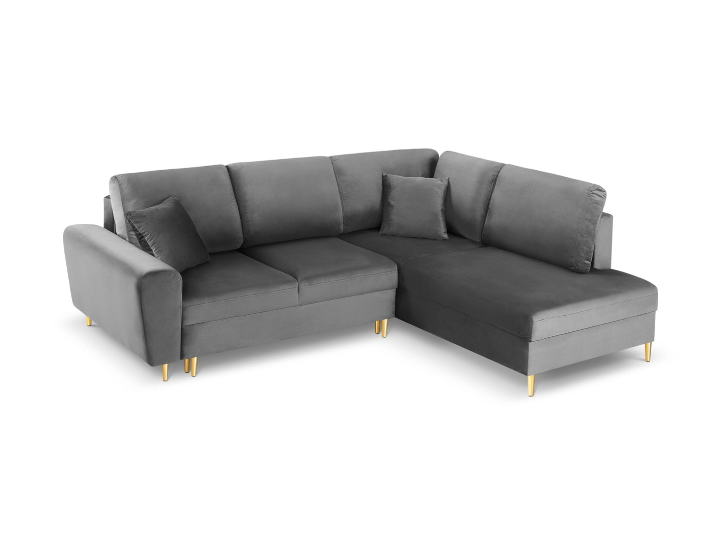 Kyoto Corner Sofa With Bed Function And Box, 5 Seats, 243x194 cm — Light Grey / Gold Metal / Right
