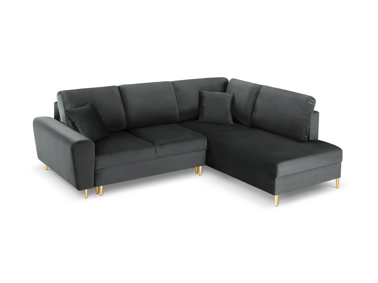Kyoto Corner Sofa With Bed Function And Box, 5 Seats, 243x194 cm — Dark Grey / Gold Metal / Right