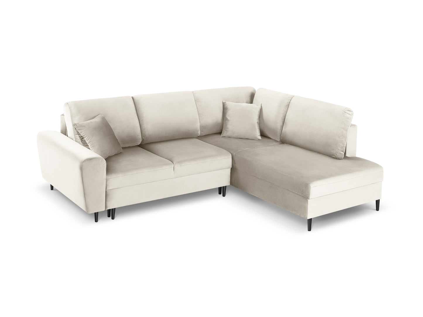 Kyoto Corner Sofa With Bed Function And Box, 5 Seats, 243x194 cm — Light Beige / Black Chrome Metal / Right