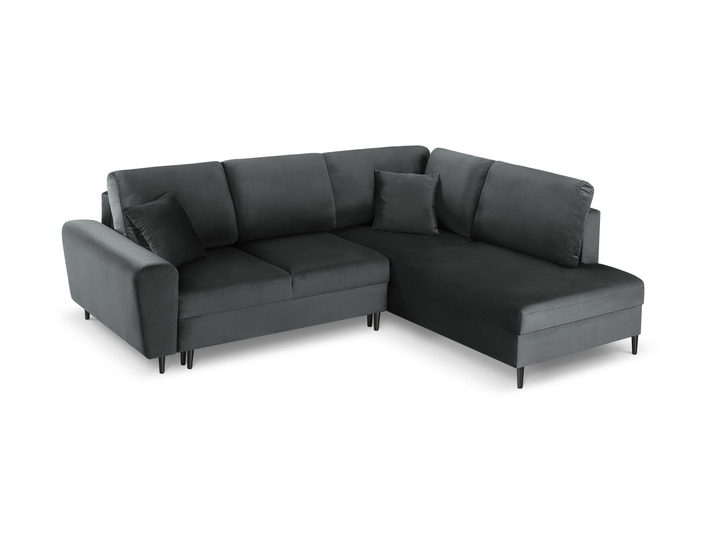Kyoto Corner Sofa With Bed Function And Box, 5 Seats, 243x194 cm — Dark Grey / Black Chrome Metal / Right