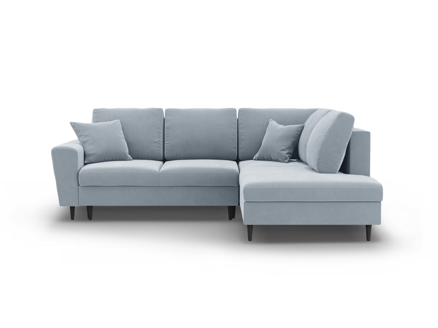 Kyoto Corner Sofa With Bed Function And Box, 5 Seats, 243x194 cm — Light Blue / Black Beech Wood / Right