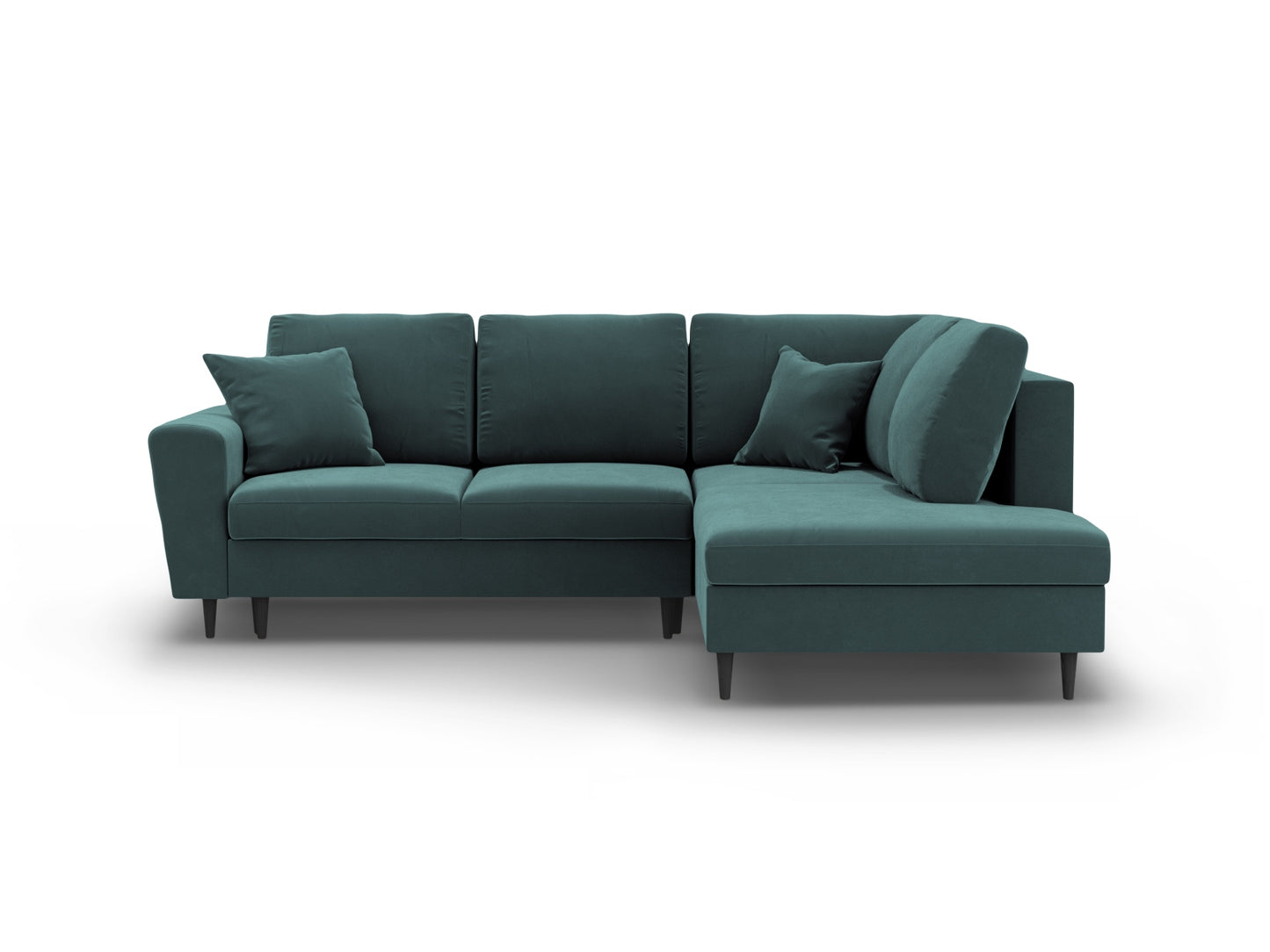 Kyoto Corner Sofa With Bed Function And Box, 5 Seats, 243x194 cm — Petrol / Black Beech Wood / Right