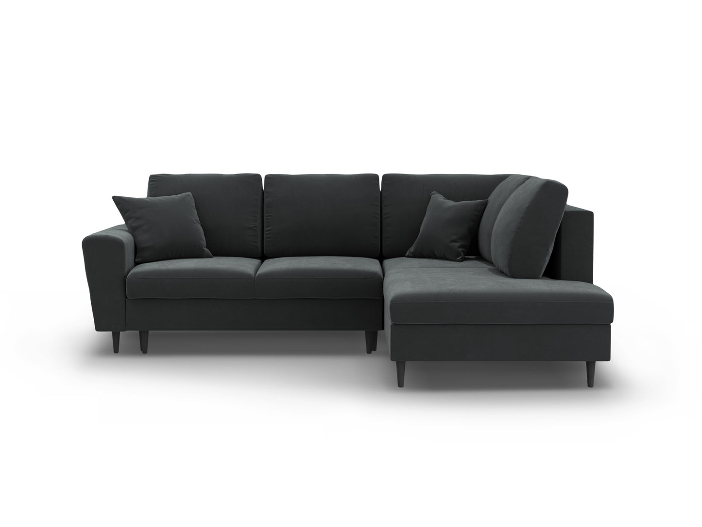 Kyoto Corner Sofa With Bed Function And Box, 5 Seats, 243x194 cm — Dark Grey / Black Beech Wood / Right