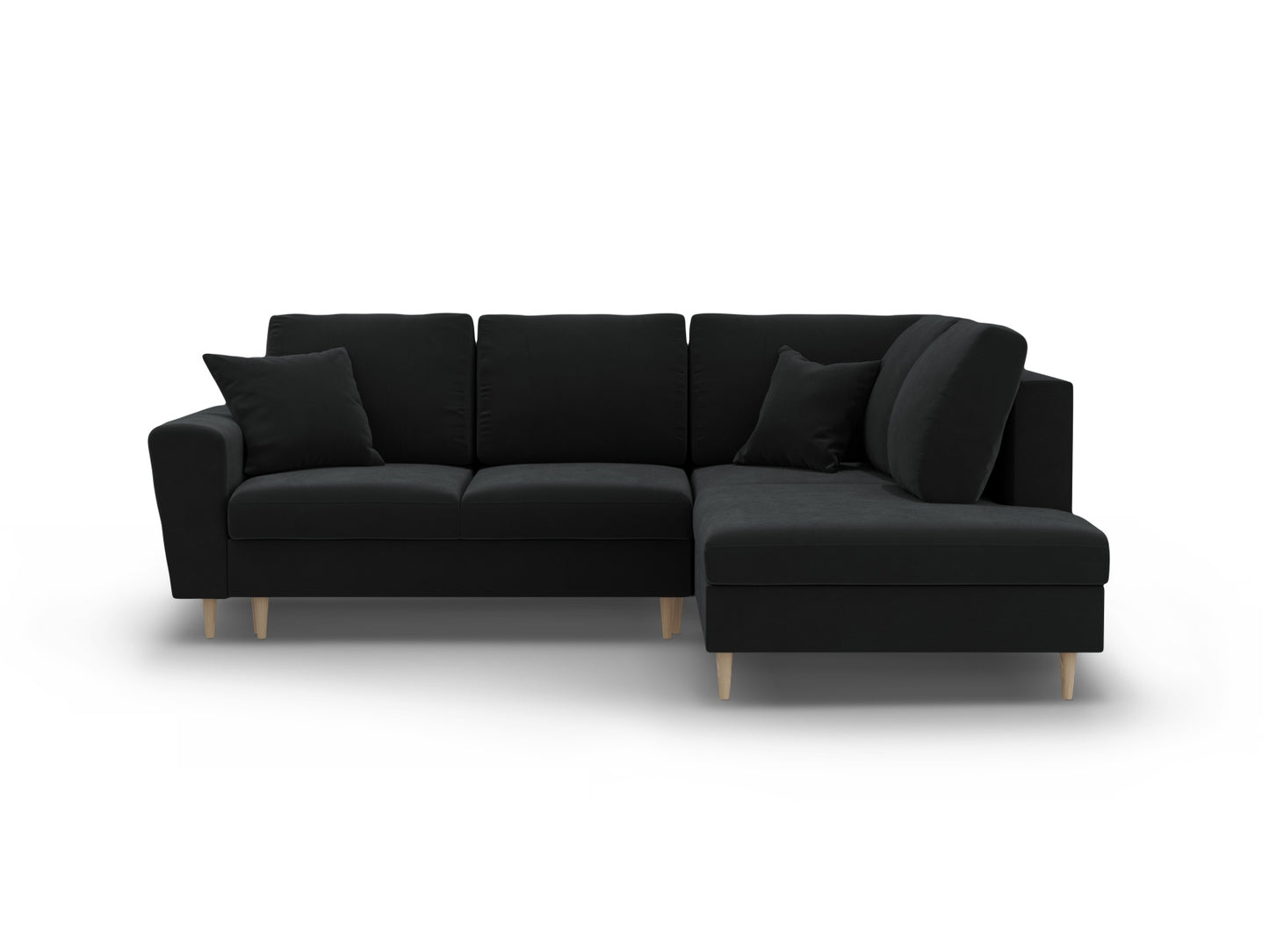 Kyoto Corner Sofa With Bed Function And Box, 5 Seats, 243x194 cm — Black / Natural Beech Wood / Right