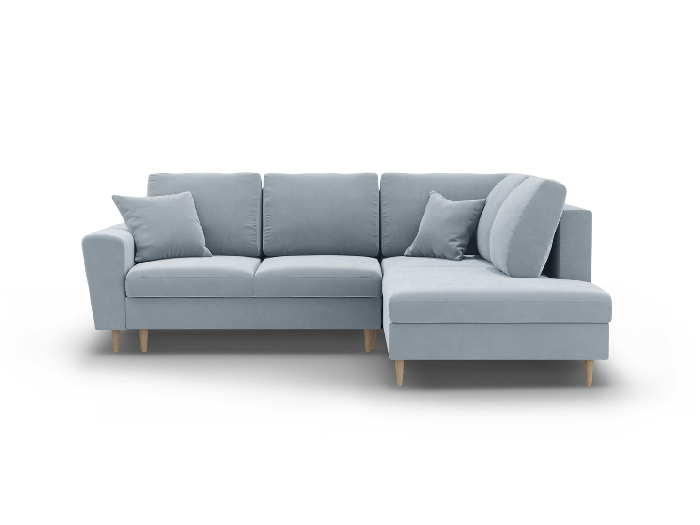Kyoto Corner Sofa With Bed Function And Box, 5 Seats, 243x194 cm — Light Blue / Natural Beech Wood / Right