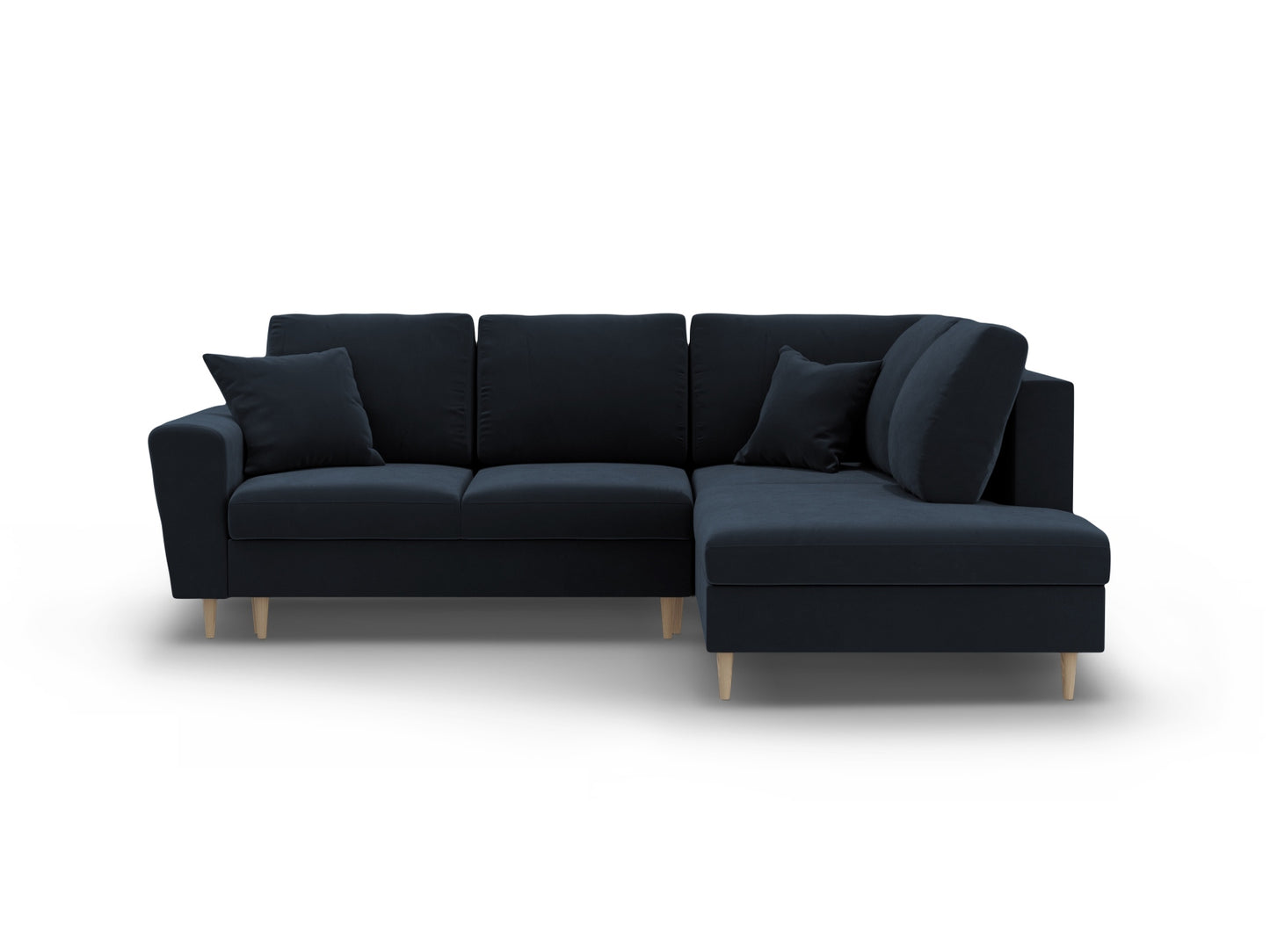 Kyoto Corner Sofa With Bed Function And Box, 5 Seats, 243x194 cm — Dark Blue / Natural Beech Wood / Right