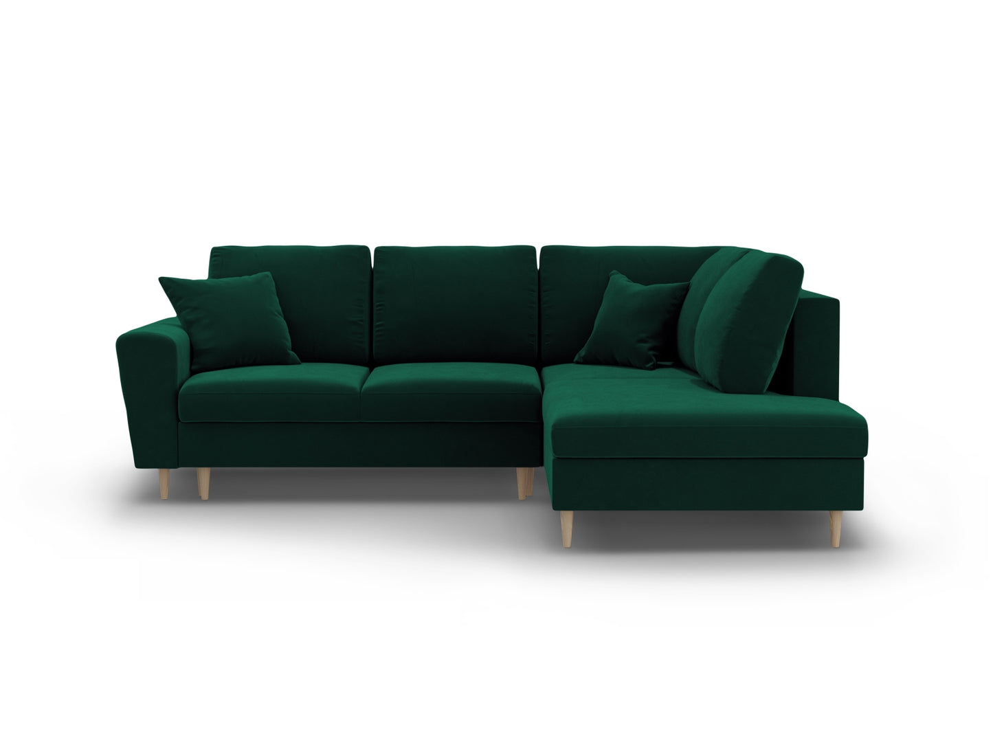 Kyoto Corner Sofa With Bed Function And Box, 5 Seats, 243x194 cm — Bottle Green / Natural Beech Wood / Right