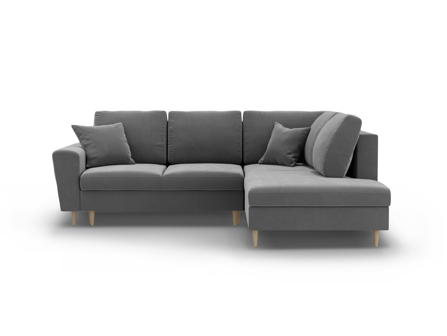 Kyoto Corner Sofa With Bed Function And Box, 5 Seats, 243x194 cm — Light Grey / Natural Beech Wood / Right