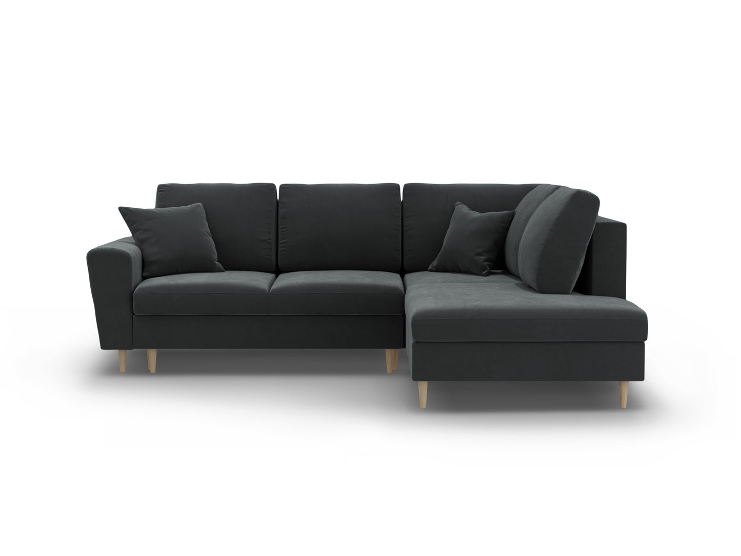 Kyoto Corner Sofa With Bed Function And Box, 5 Seats, 243x194 cm — Dark Grey / Natural Beech Wood / Right