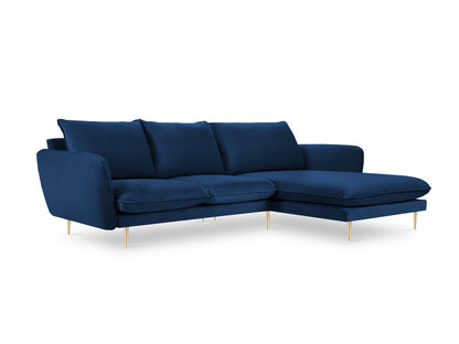Vienna Corner Sofa, 5 Seats, 255x170 cm — Royal Blue / Gold Metal / Right