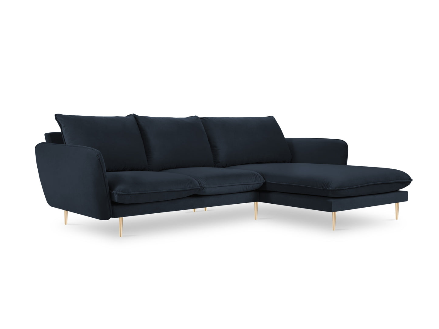 Vienna Corner Sofa, 5 Seats, 255x170 cm — Dark Blue / Gold Metal / Right