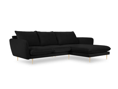 Vienna Corner Sofa, 5 Seats, 255x170 cm — Black / Gold Metal / Right