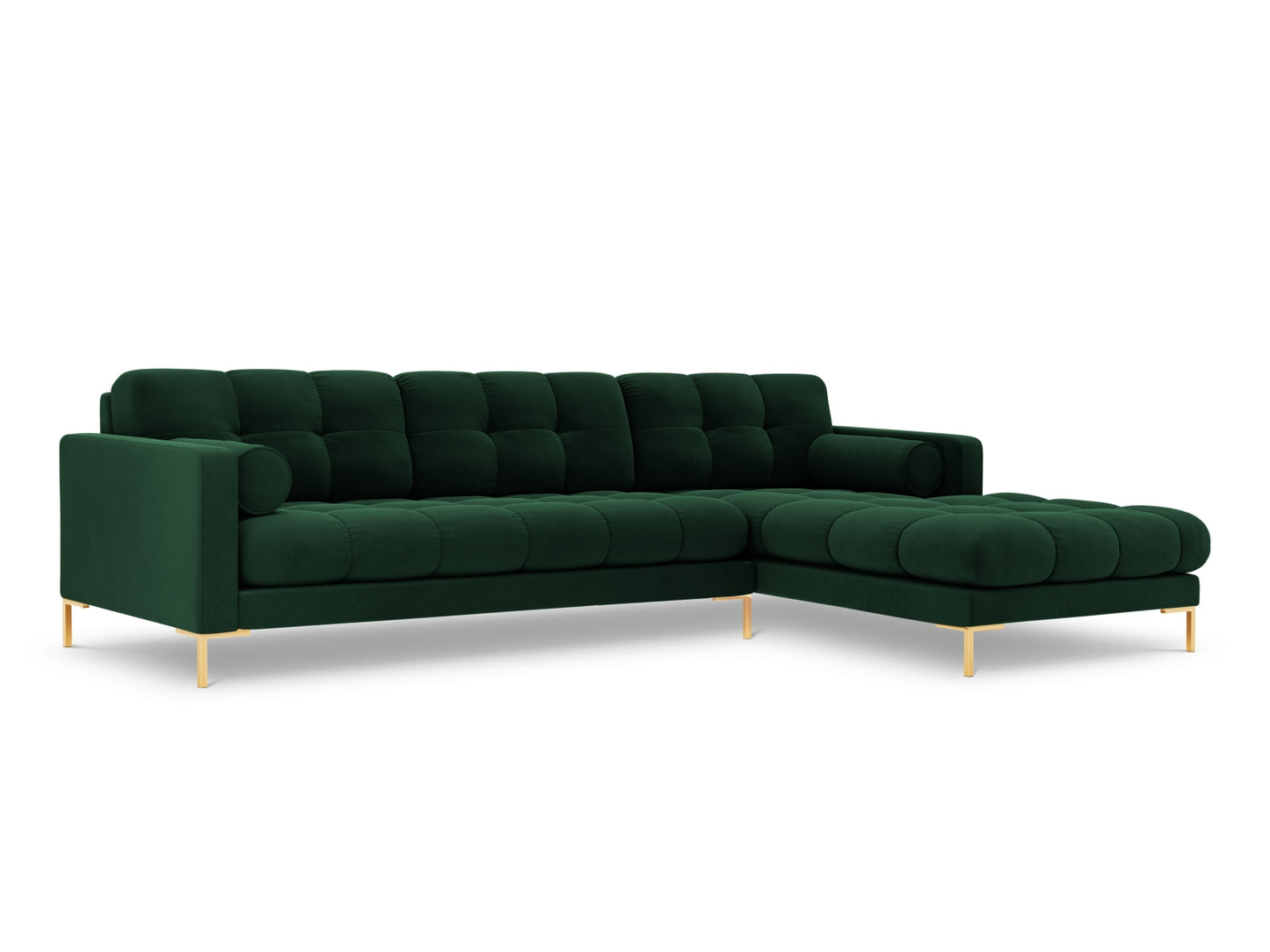 Bali Corner Sofa, 5 Seats, 293x185 cm — Bottle Green / Gold Metal / Right