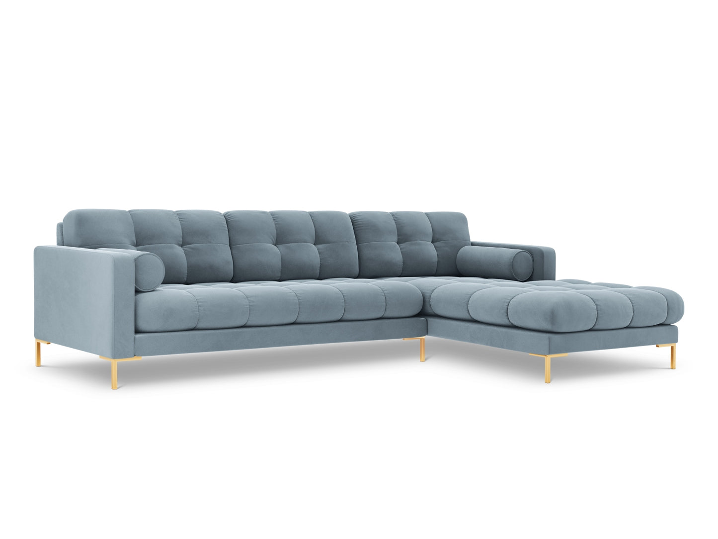 Bali Corner Sofa, 5 Seats, 293x185 cm — Light Blue / Gold Metal / Right