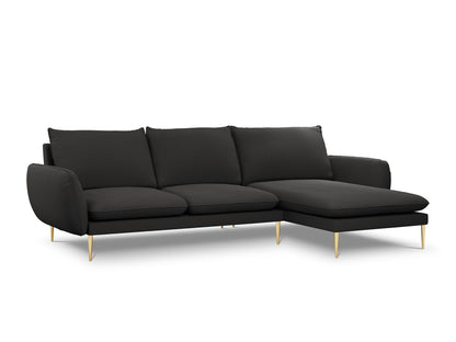 Vienna Corner Sofa, 5 Seats, 255x170 cm — Black / Gold Metal / Right