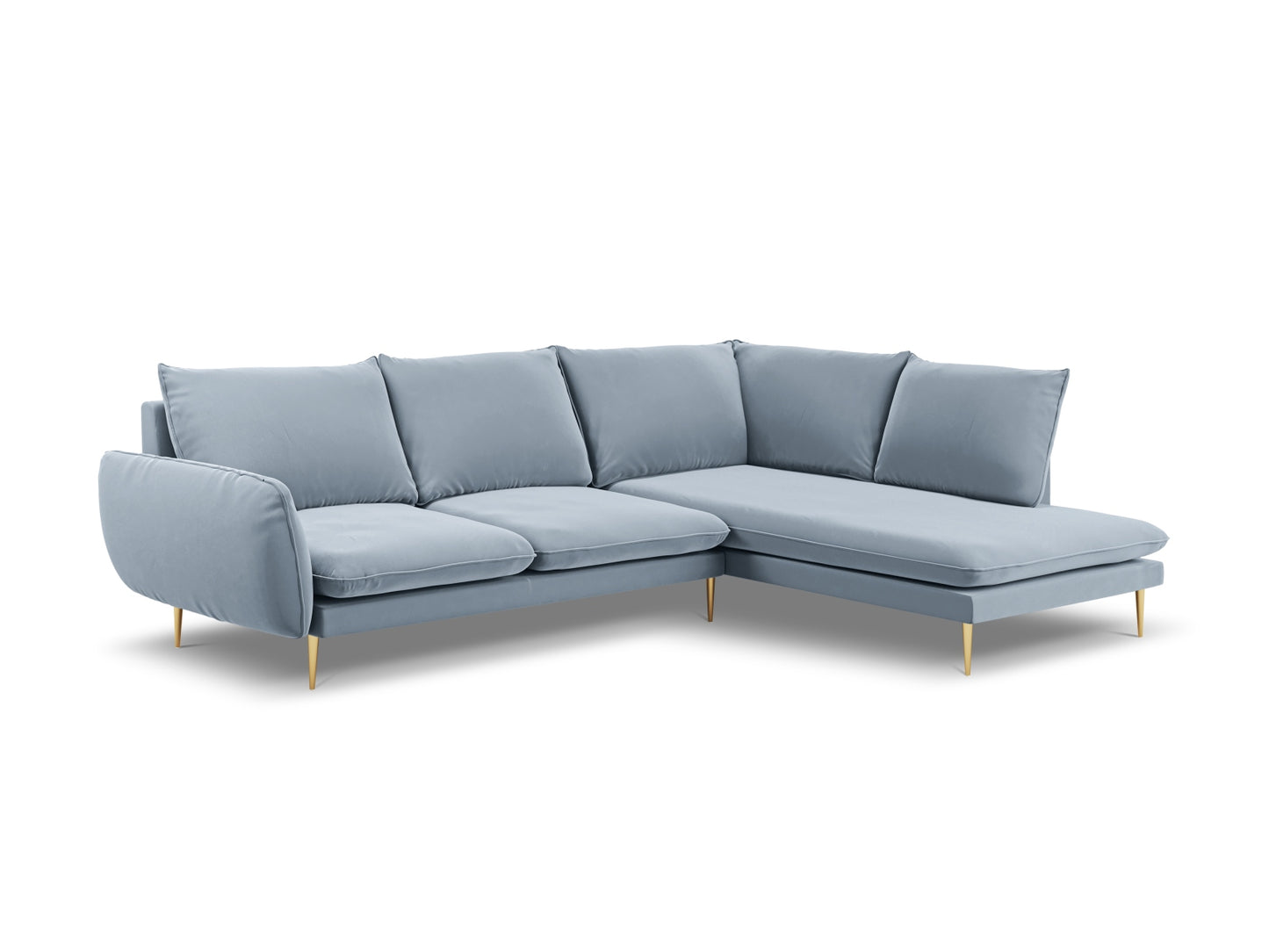 Vienna Corner Sofa, 6 Seats, 275x185 cm — Light Blue / Gold Metal / Right