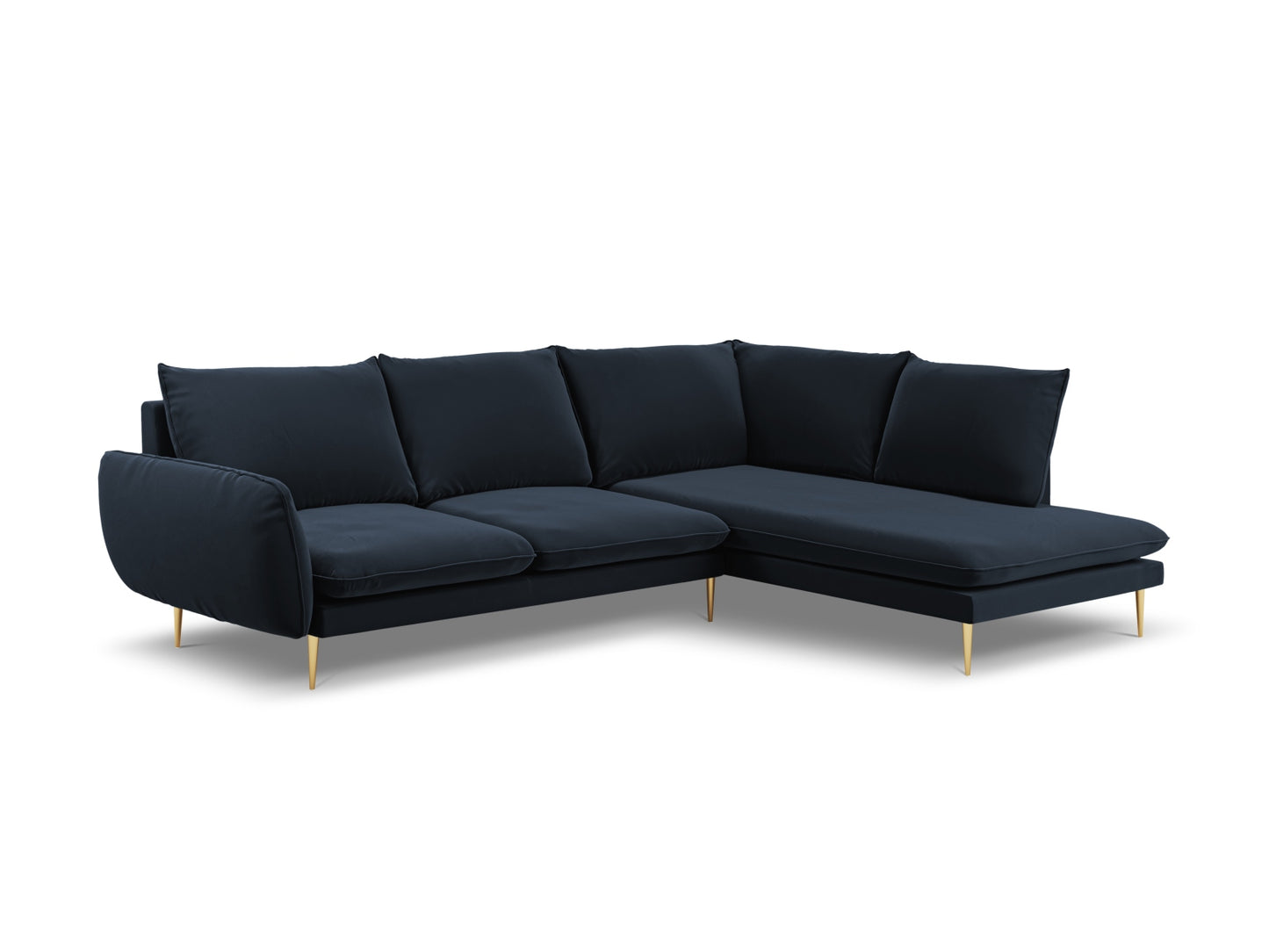 Vienna Corner Sofa, 6 Seats, 275x185 cm — Dark Blue / Gold Metal / Right