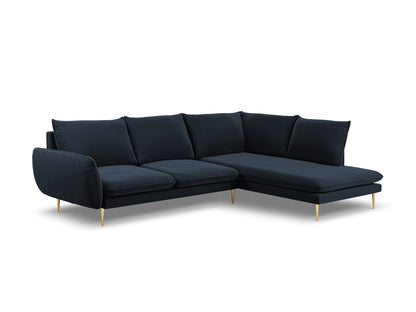 Vienna Corner Sofa, 6 Seats, 275x185 cm — Dark Blue / Gold Metal / Right