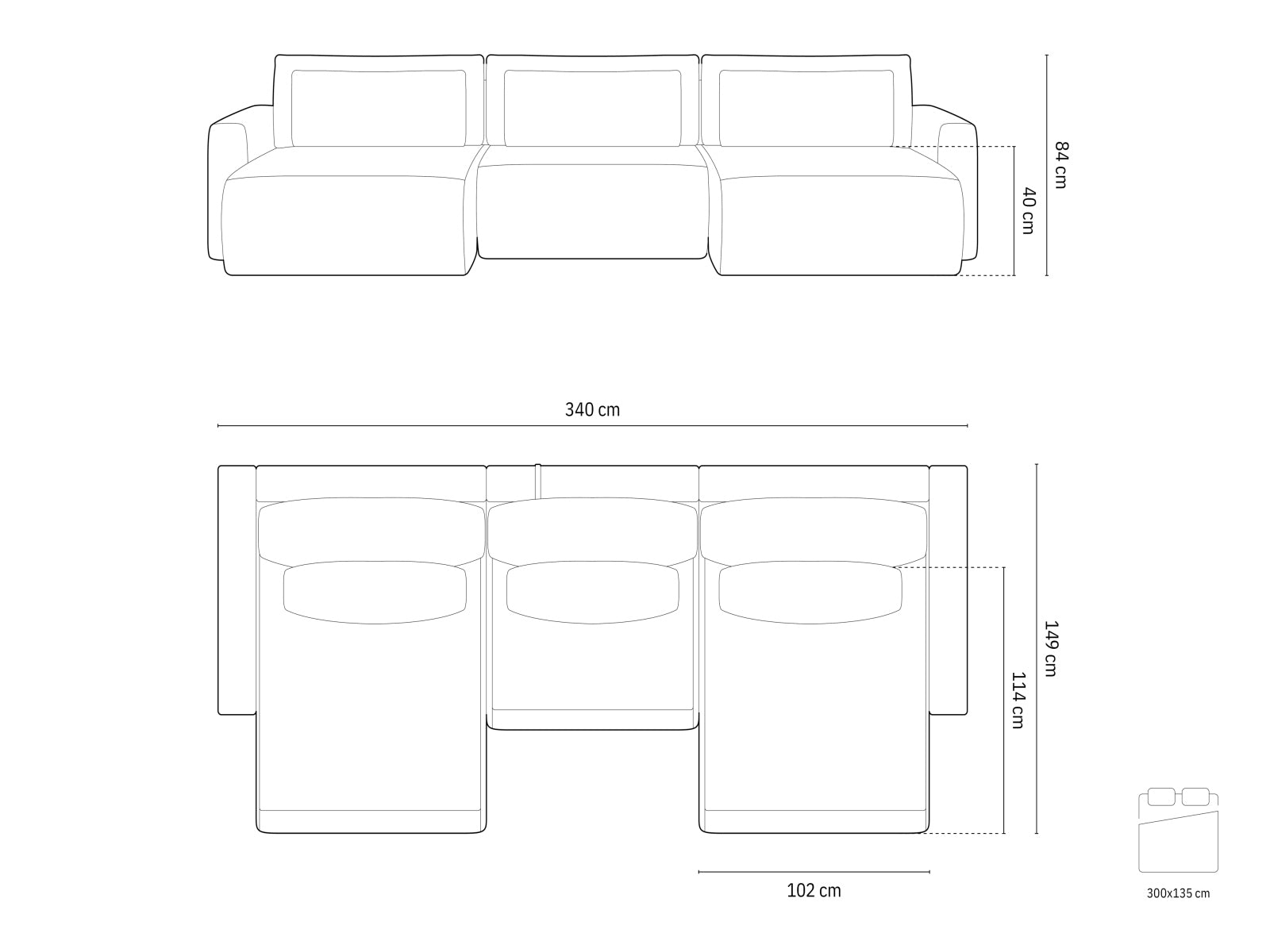 Belfast Panoramic Sofa with Box and Sleeping Function, 4 Seats, 340x149 cm