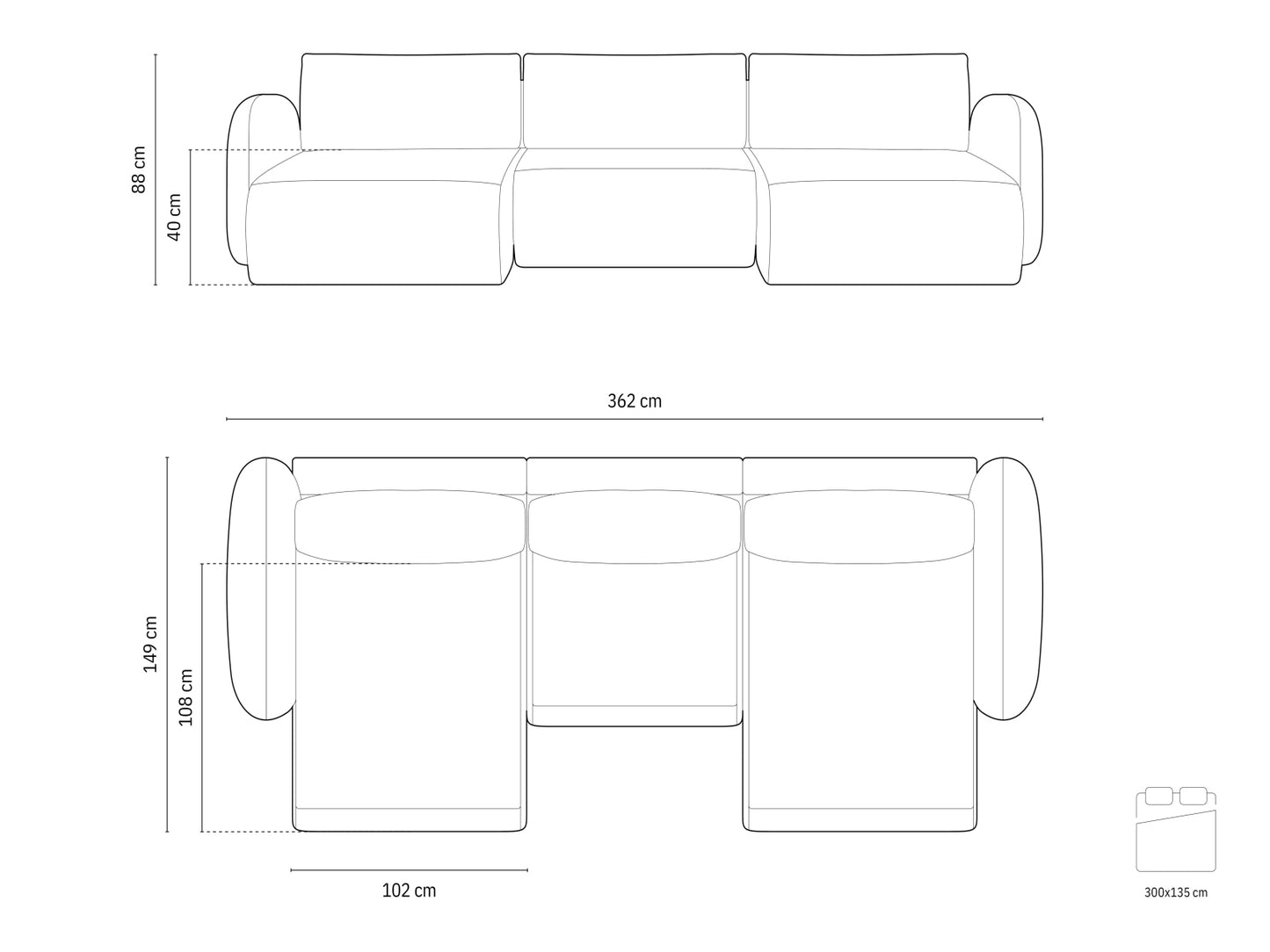 Tonale Panoramic Sofa with Box and Sleeping Function, 5 Seats, 362x149 cm