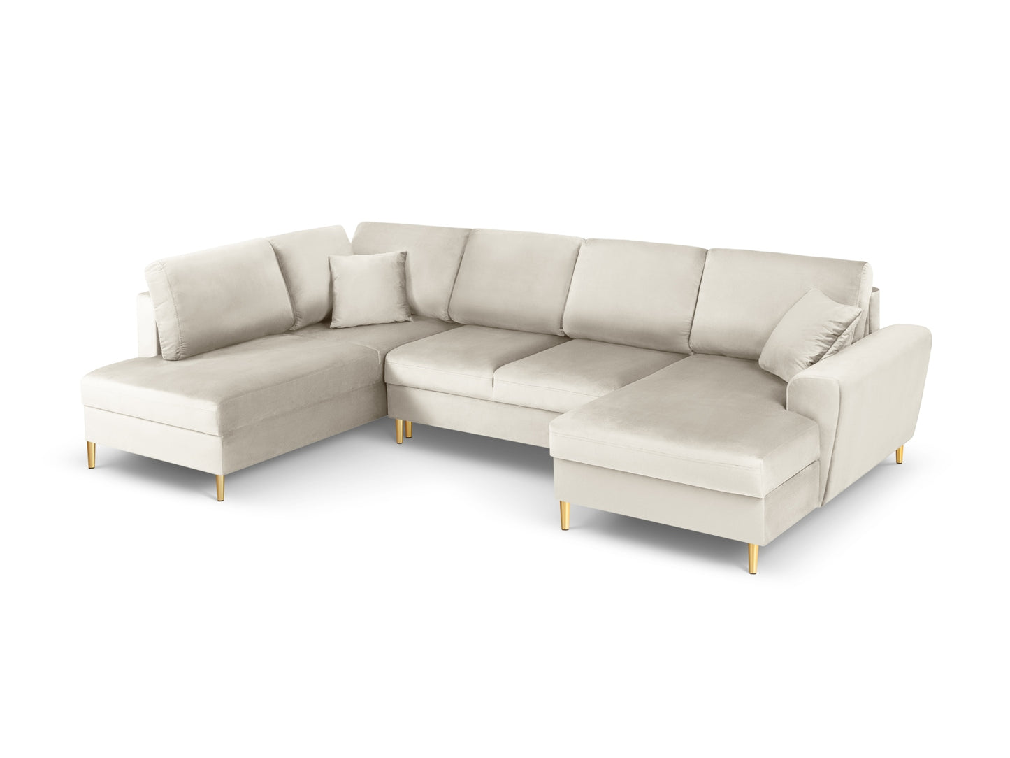 Kyoto Panoramic Corner Sofa With Bed Function And Box, 7 Seats, 313x194 cm — Light Beige / Gold Metal / Left