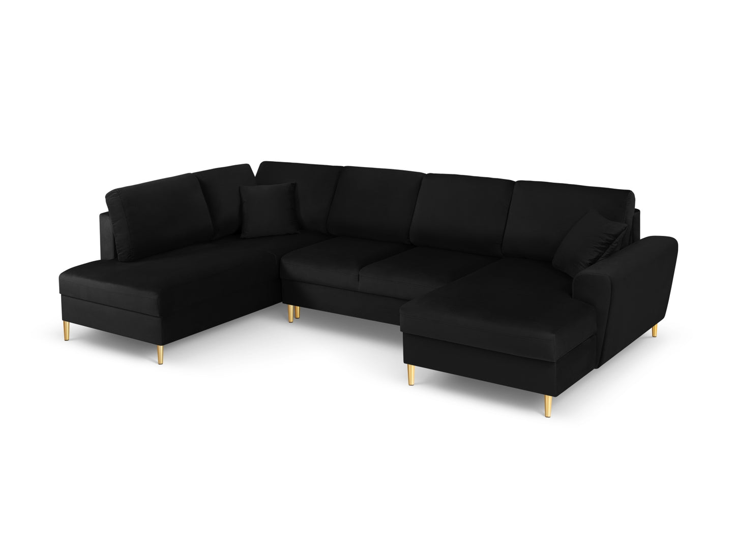 Kyoto Panoramic Corner Sofa With Bed Function And Box, 7 Seats, 313x194 cm — Black / Gold Metal / Left