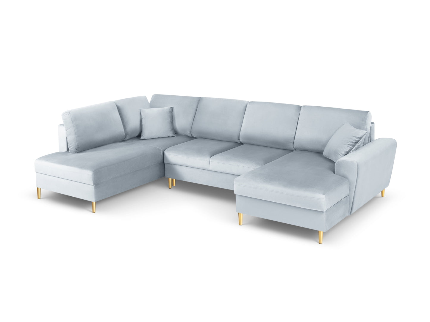 Kyoto Panoramic Corner Sofa With Bed Function And Box, 7 Seats, 313x194 cm — Light Blue / Gold Metal / Left