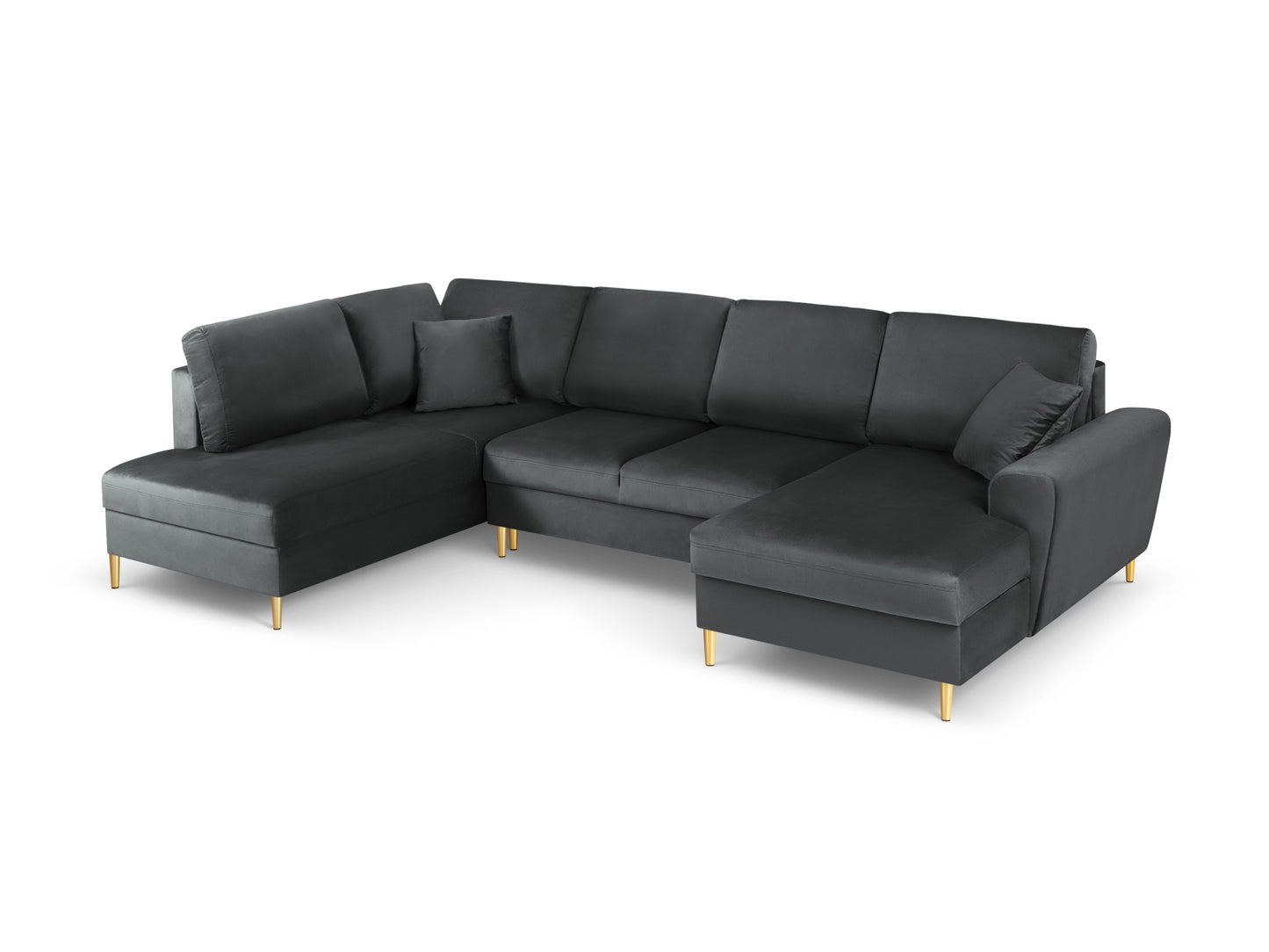 Kyoto Panoramic Corner Sofa With Bed Function And Box, 7 Seats, 313x194 cm — Dark Grey / Gold Metal / Left