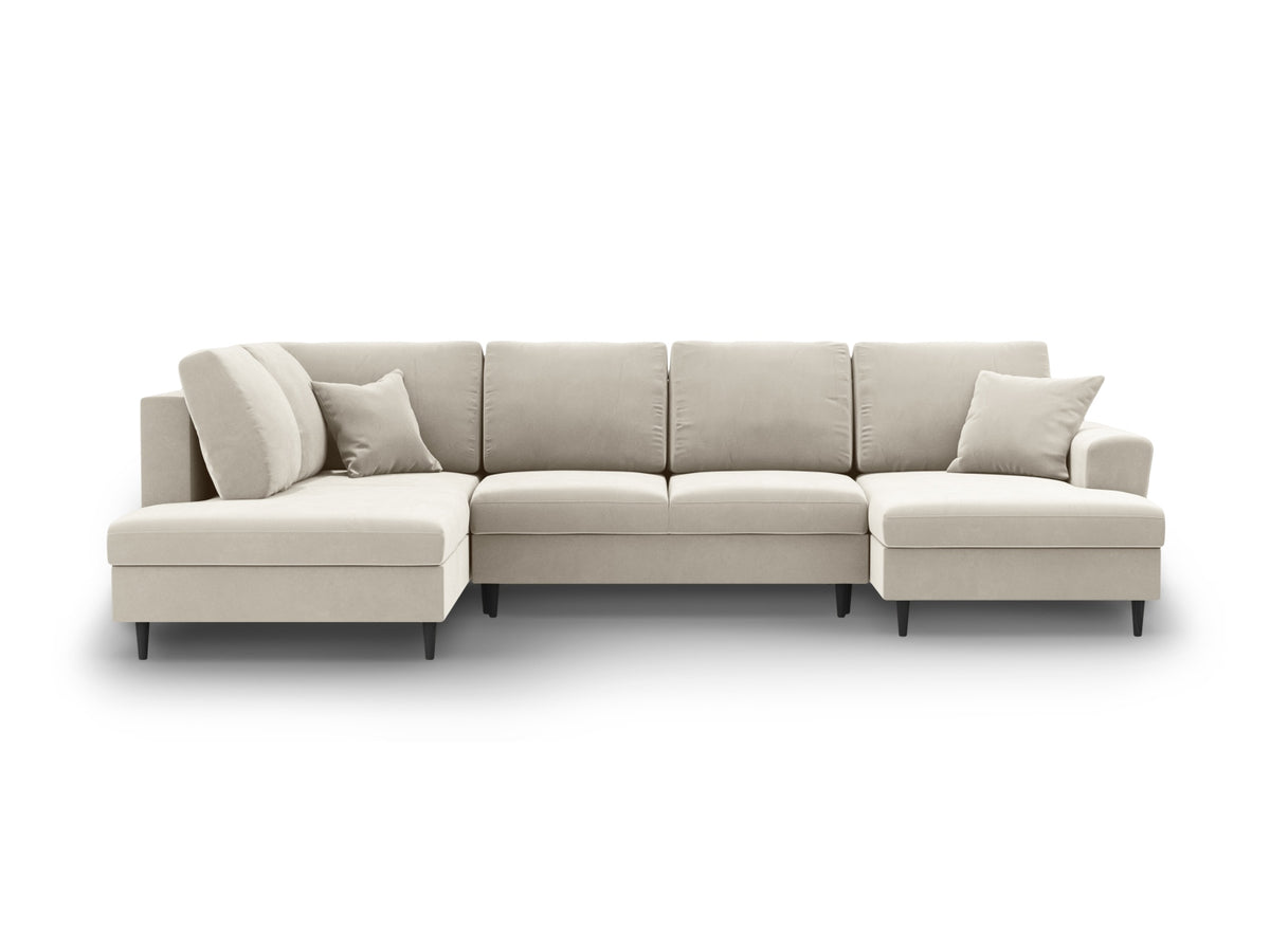Kyoto Panoramic Corner Sofa With Bed Function And Box, 7 Seats, 313x194 cm — Light Beige / Black Beech Wood / Left