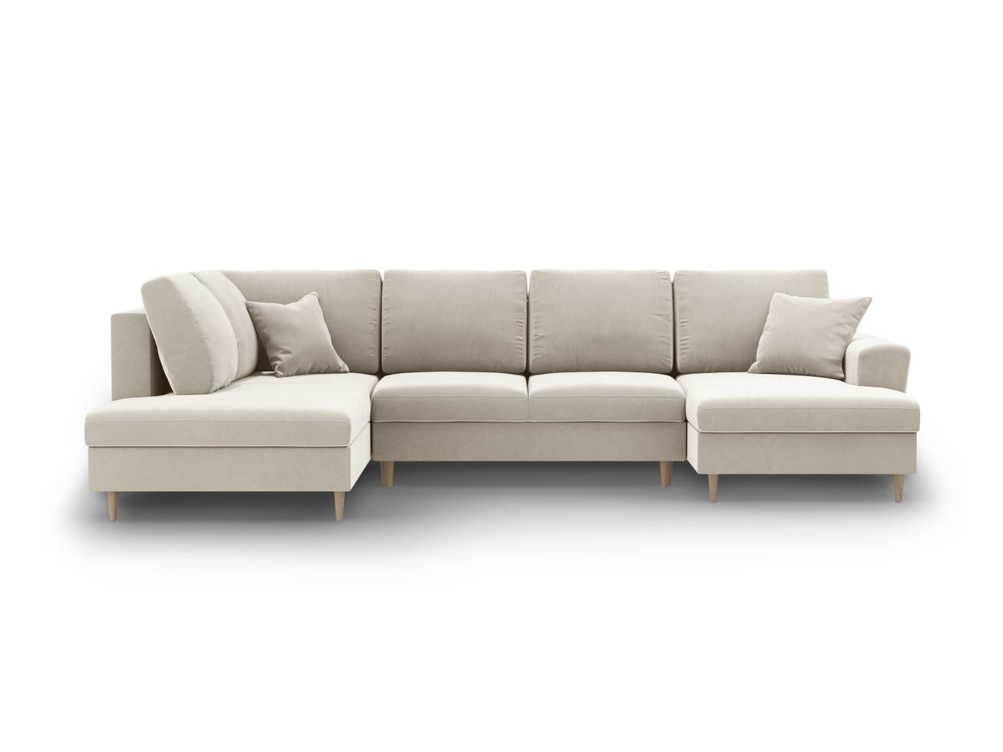 Kyoto Panoramic Corner Sofa With Bed Function And Box, 7 Seats, 313x194 cm — Light Beige / Natural Beech Wood / Left